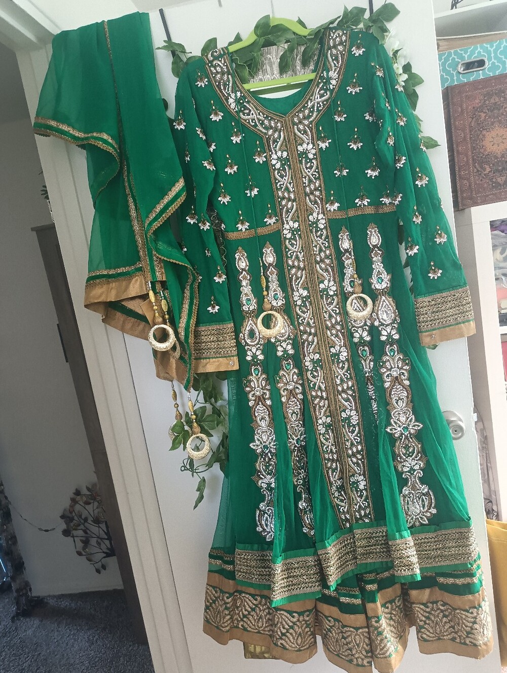 Emerald Green Pakistani/Indian Anarkali Dress, Heavy Silver/Gold Zardozi Embroid